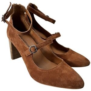 Lucky Brand Suede Mary Jane Pumps Women 9 Tan Double Strap Block Heel Minimalist